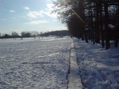 大平原、ではなく会場の一部。400メートル続くベンチ上から撮りました。ベンチは雪に埋まってる。