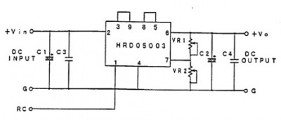 ＨＲＤ０５００３使用方法。<br />７番ピンが２．５Ｖになるように出力電圧が制御されるそうで、ＶＲ１とＶＲ２をひとつのＶＲ（１００ＫΩ）にし、真中の足を７番ピンにつなげばよいそうです。